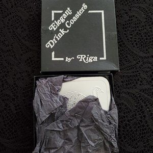 NIB Vintage Elegant Drink Coasters by Riga etched silver color - Australia